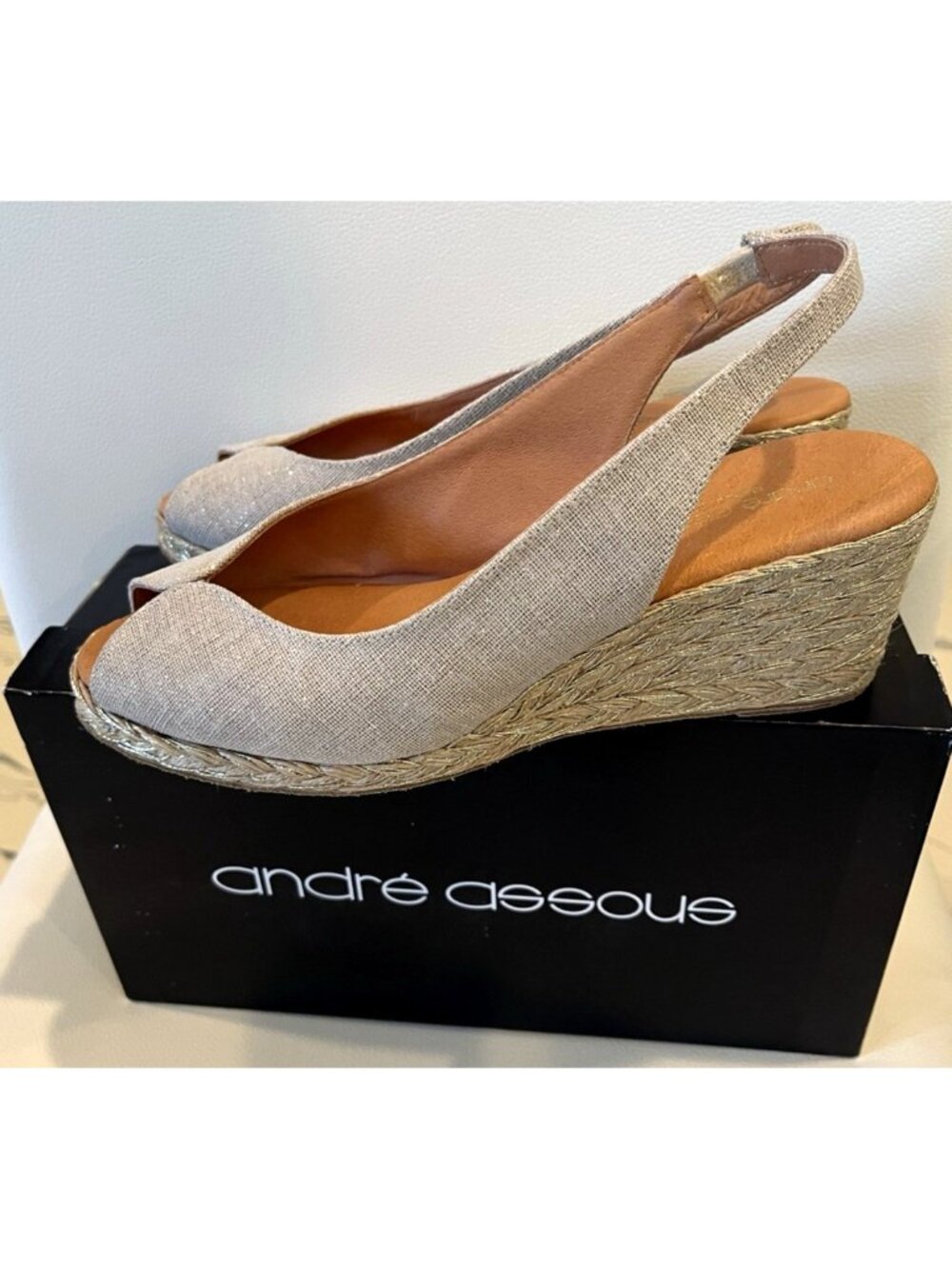 Andre Assous Audrey Hemp Glitter Natural Wedge Sandals Sz 39 US 9 w/Box - Spain